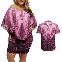 Aotearoa Breast Cancer Couples Matching Off Shoulder Short Dress and Hawaiian Shirt Maori Tribal Pattern LT05 Pink - Polynesian Pride