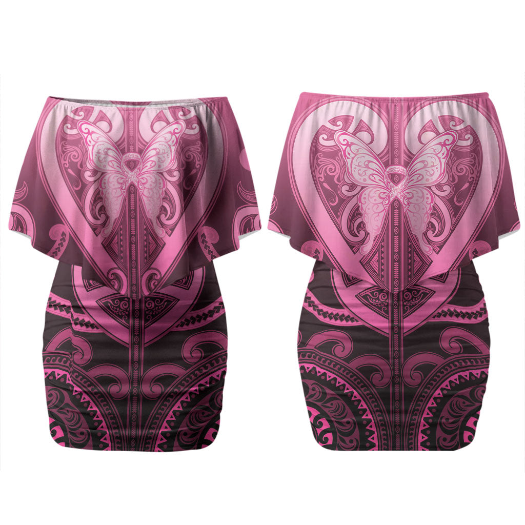 Aotearoa Breast Cancer Couples Matching Off Shoulder Short Dress and Hawaiian Shirt Maori Tribal Pattern LT05 - Polynesian Pride