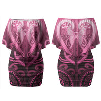 Aotearoa Breast Cancer Couples Matching Off Shoulder Short Dress and Long Sleeve Button Shirt Maori Tribal Pattern LT05 - Polynesian Pride