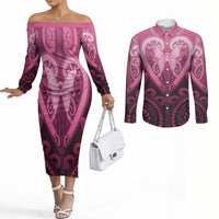 Aotearoa Breast Cancer Couples Matching Off The Shoulder Long Sleeve Dress and Long Sleeve Button Shirt Maori Tribal Pattern LT05 Pink - Polynesian Pride