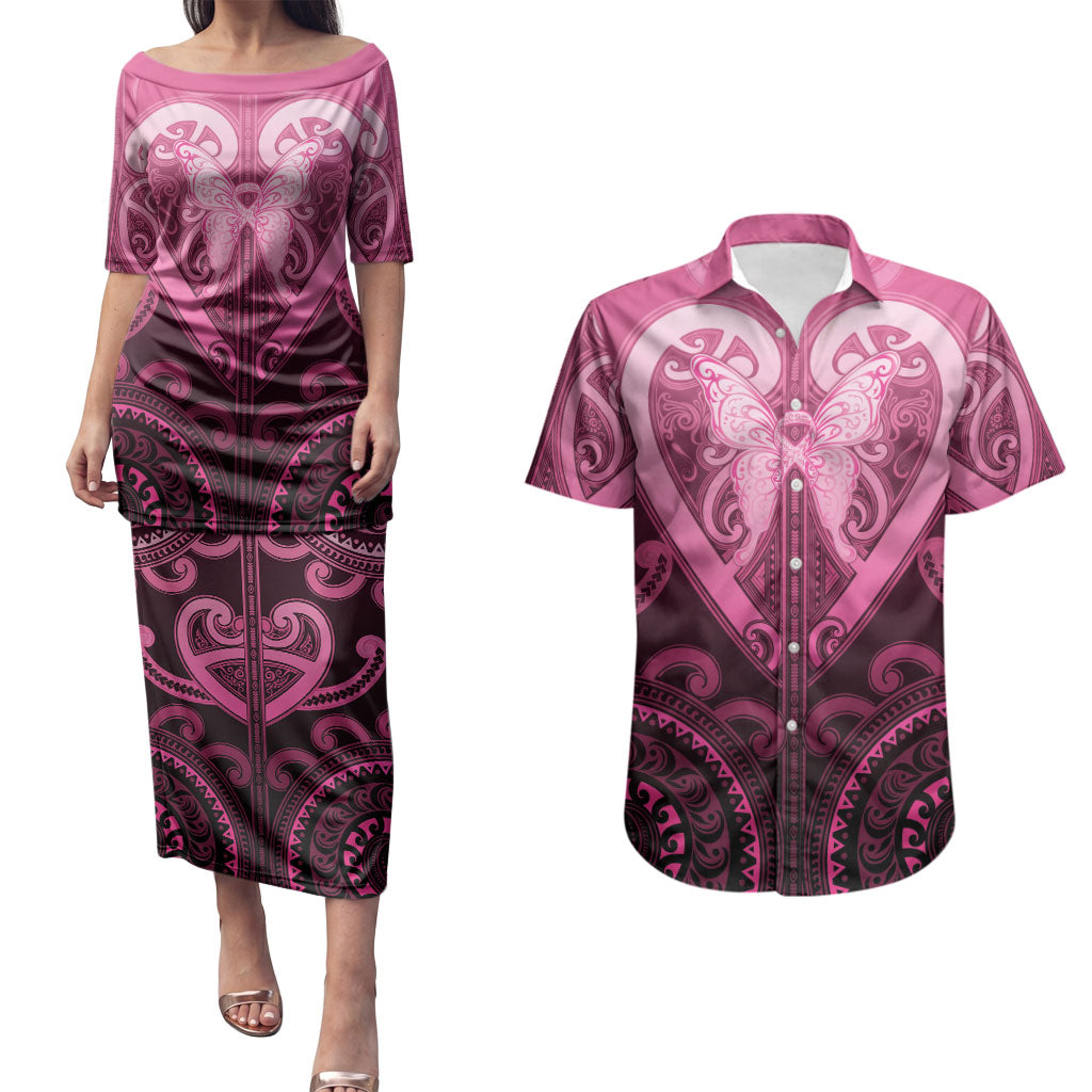 Aotearoa Breast Cancer Couples Matching Puletasi and Hawaiian Shirt Maori Tribal Pattern LT05 Pink - Polynesian Pride