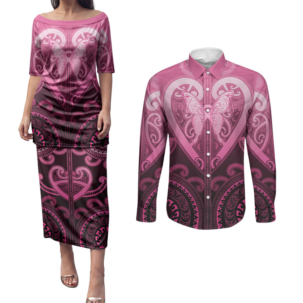 Aotearoa Breast Cancer Couples Matching Puletasi and Long Sleeve Button Shirt Maori Tribal Pattern LT05 Pink - Polynesian Pride