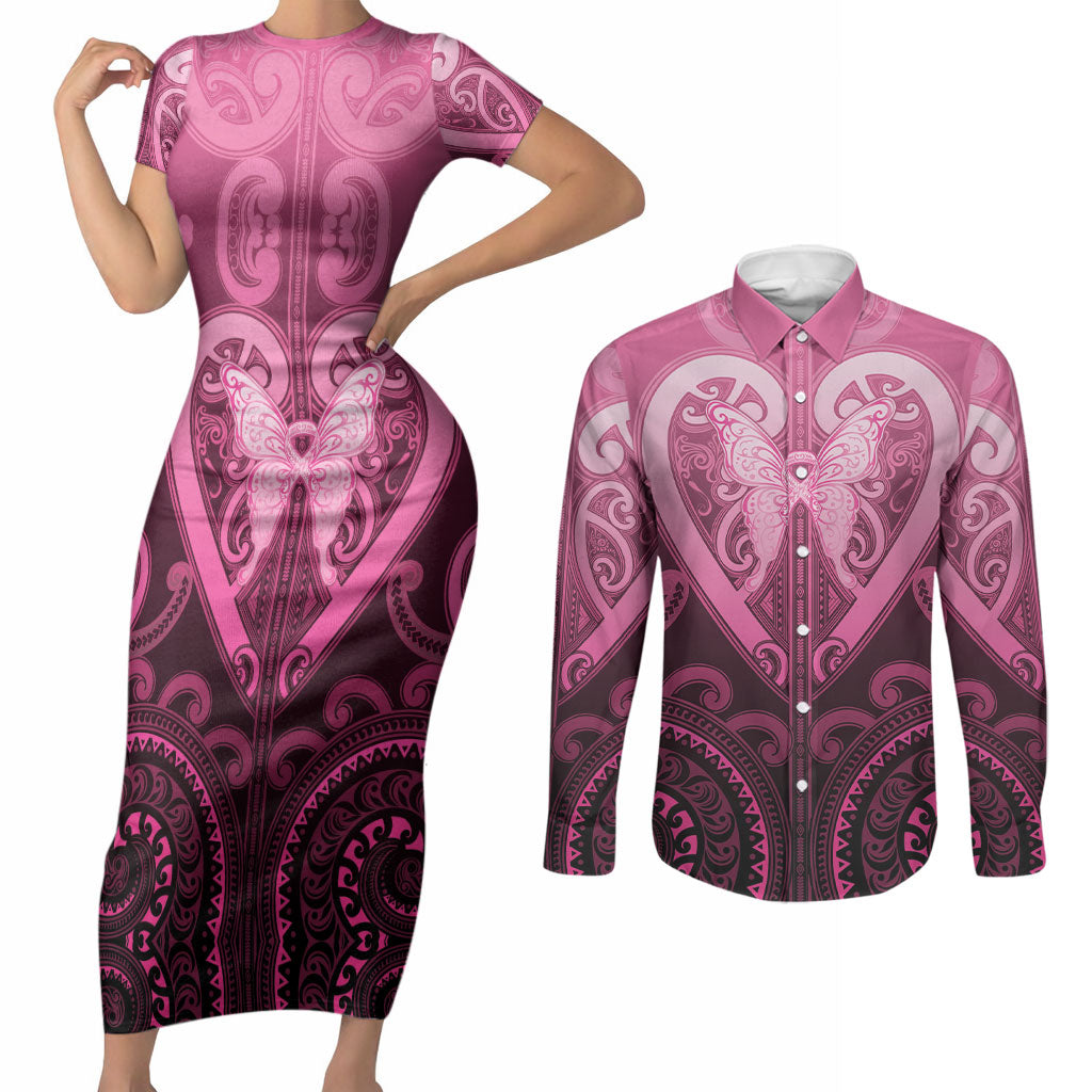 Aotearoa Breast Cancer Couples Matching Short Sleeve Bodycon Dress and Long Sleeve Button Shirt Maori Tribal Pattern LT05 Pink - Polynesian Pride