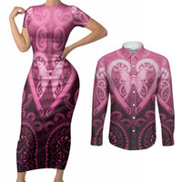 Aotearoa Breast Cancer Couples Matching Short Sleeve Bodycon Dress and Long Sleeve Button Shirt Maori Tribal Pattern LT05 Pink - Polynesian Pride