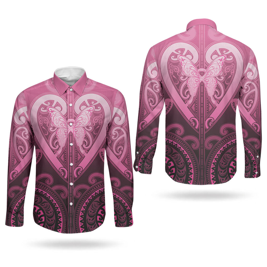 Aotearoa Breast Cancer Couples Matching Short Sleeve Bodycon Dress and Long Sleeve Button Shirt Maori Tribal Pattern LT05 - Polynesian Pride