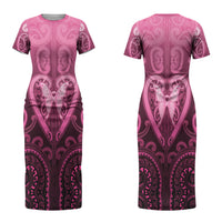 Aotearoa Breast Cancer Couples Matching Short Sleeve Bodycon Dress and Long Sleeve Button Shirt Maori Tribal Pattern LT05 - Polynesian Pride