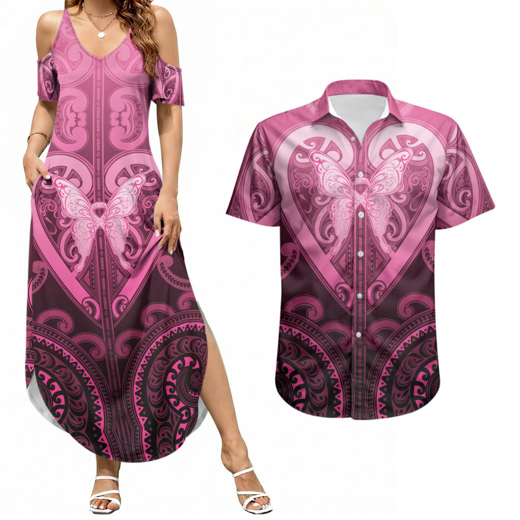 Aotearoa Breast Cancer Couples Matching Summer Maxi Dress and Hawaiian Shirt Maori Tribal Pattern LT05 Pink - Polynesian Pride