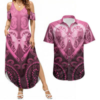 Aotearoa Breast Cancer Couples Matching Summer Maxi Dress and Hawaiian Shirt Maori Tribal Pattern LT05 Pink - Polynesian Pride