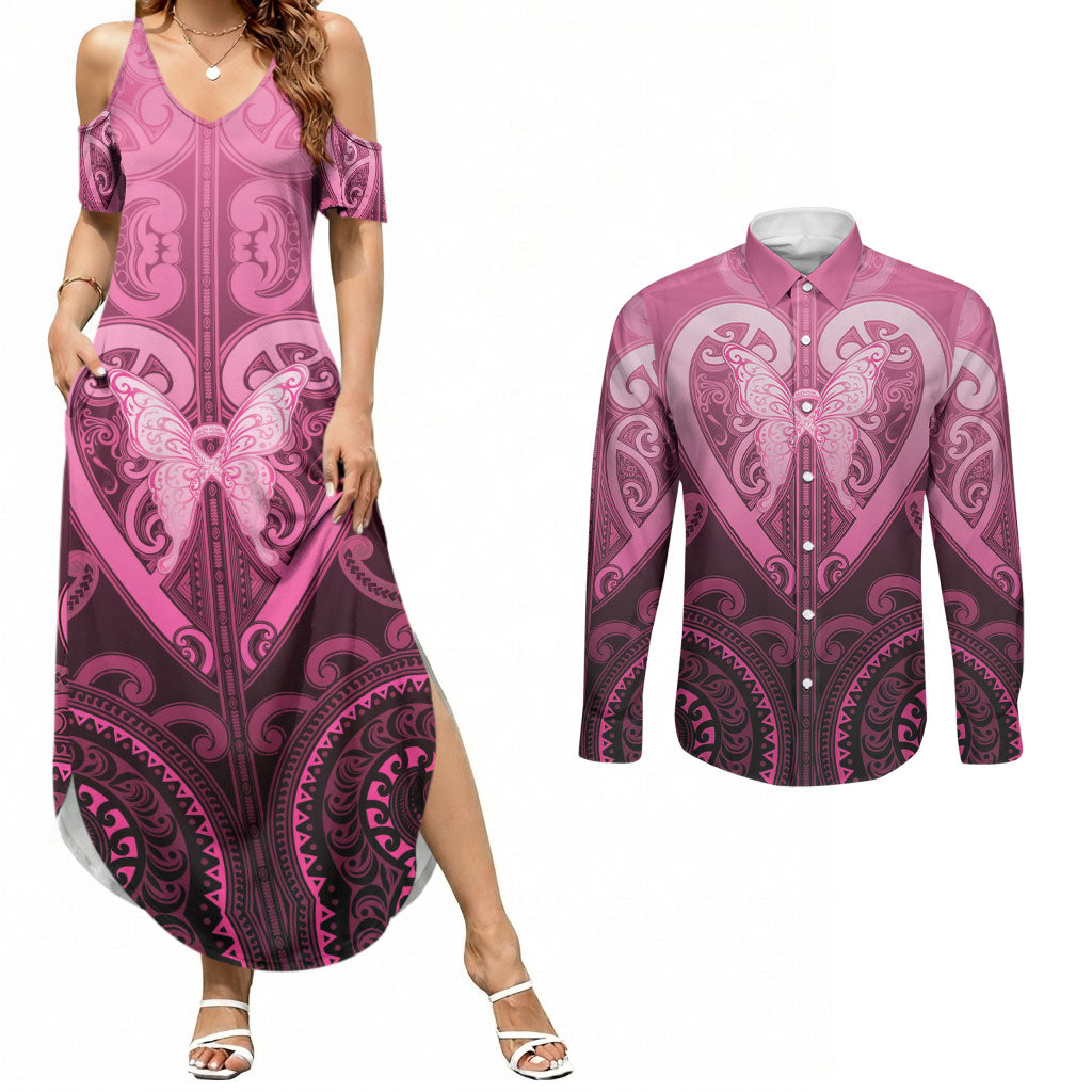 Aotearoa Breast Cancer Couples Matching Summer Maxi Dress and Long Sleeve Button Shirt Maori Tribal Pattern LT05 Pink - Polynesian Pride
