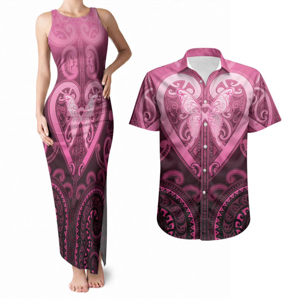 Aotearoa Breast Cancer Couples Matching Tank Maxi Dress and Hawaiian Shirt Maori Tribal Pattern LT05 Pink - Polynesian Pride