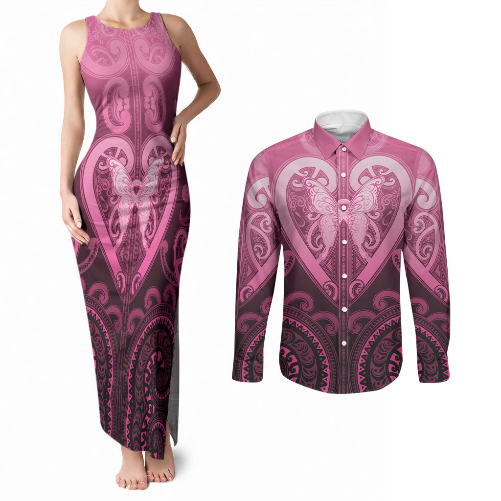 Aotearoa Breast Cancer Couples Matching Tank Maxi Dress and Long Sleeve Button Shirt Maori Tribal Pattern LT05 Pink - Polynesian Pride