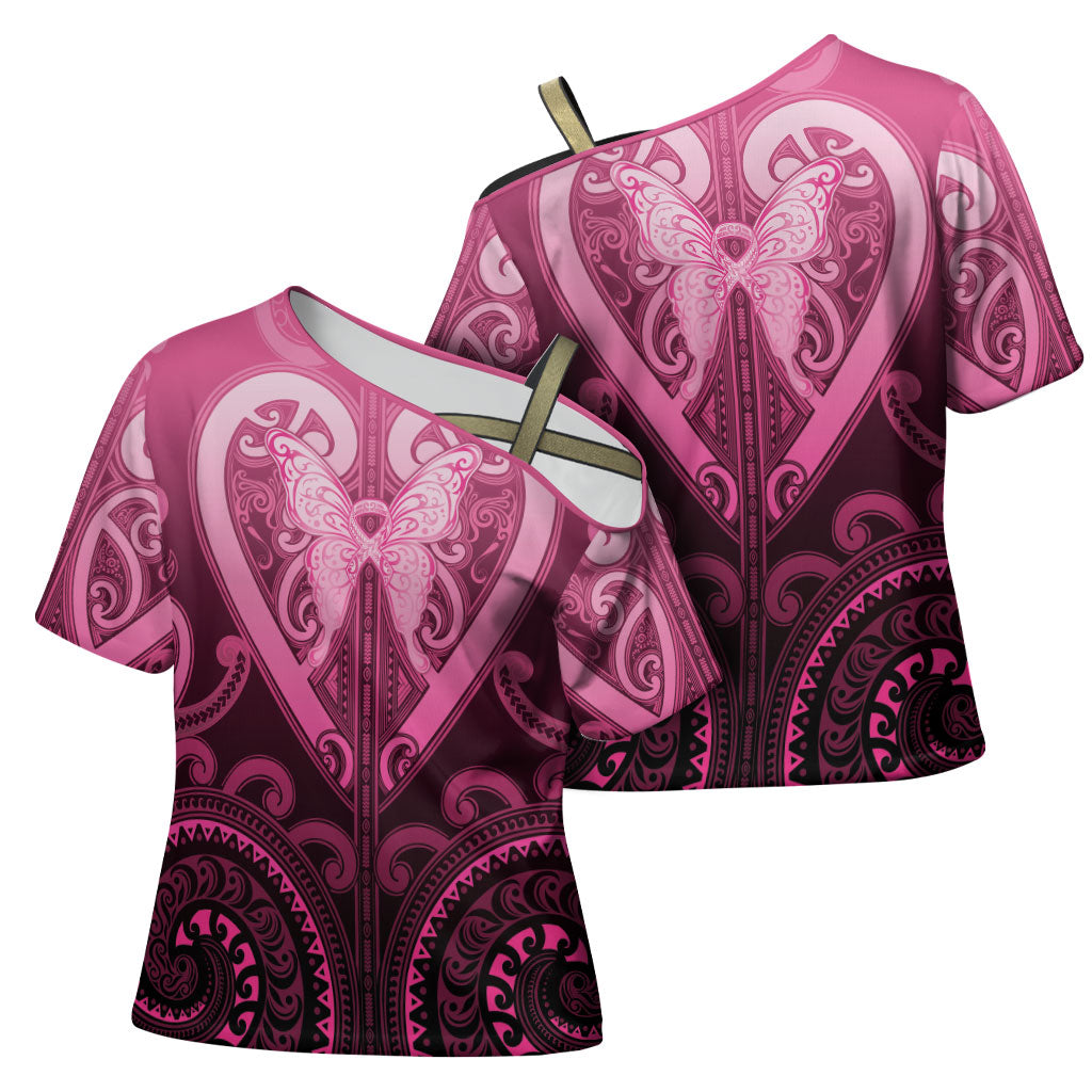 Aotearoa Breast Cancer Cross Shoulder Shirt Maori Tribal Pattern LT05 - Polynesian Pride