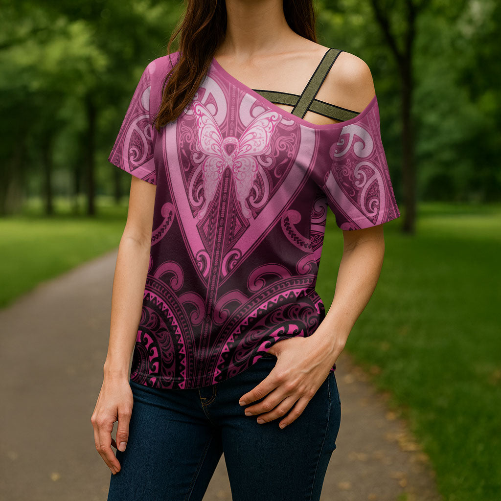 Aotearoa Breast Cancer Cross Shoulder Shirt Maori Tribal Pattern LT05 - Polynesian Pride
