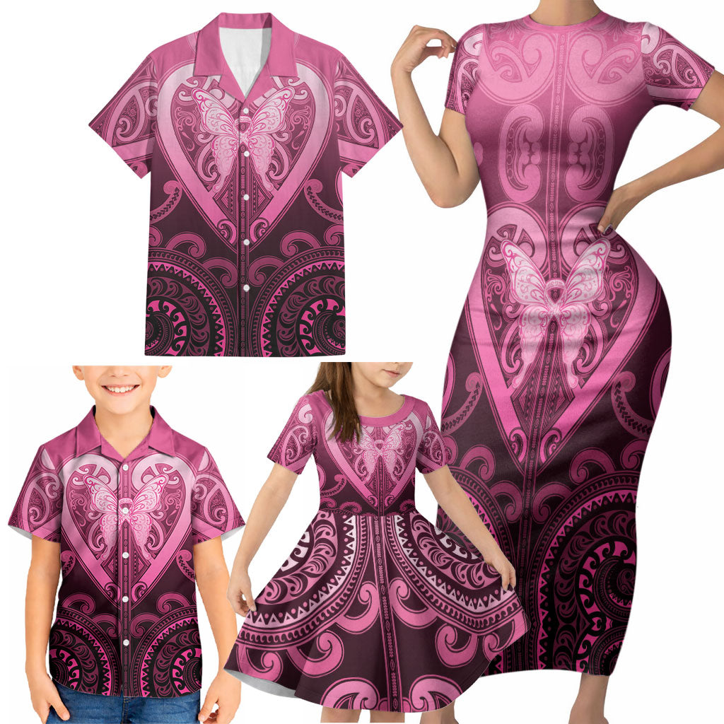 Aotearoa Breast Cancer Family Matching Short Sleeve Bodycon Dress and Hawaiian Shirt Maori Tribal Pattern LT05 - Polynesian Pride