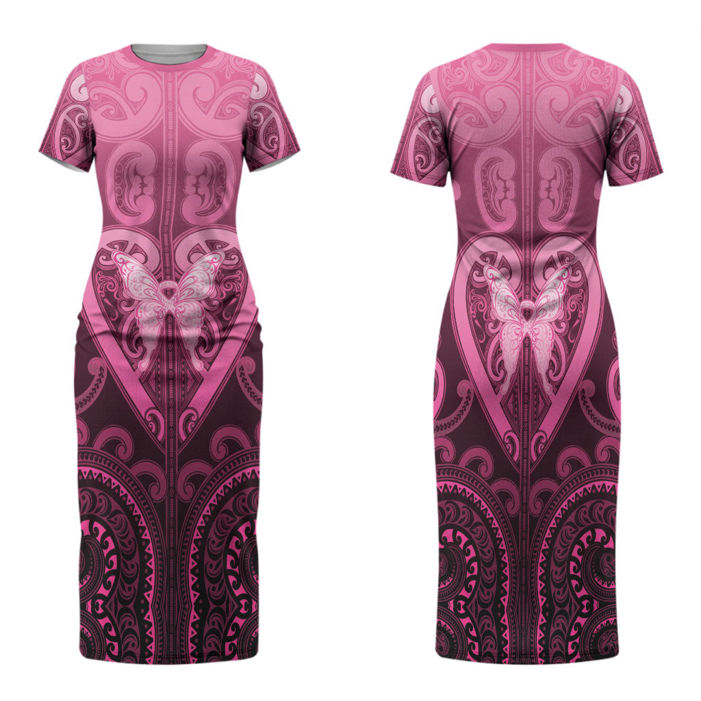 Aotearoa Breast Cancer Family Matching Short Sleeve Bodycon Dress and Hawaiian Shirt Maori Tribal Pattern LT05 Mom's Dress Pink - Polynesian Pride