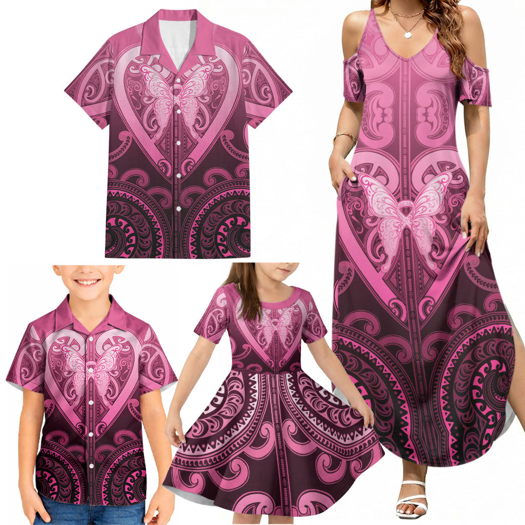 Aotearoa Breast Cancer Family Matching Summer Maxi Dress and Hawaiian Shirt Maori Tribal Pattern LT05 - Polynesian Pride