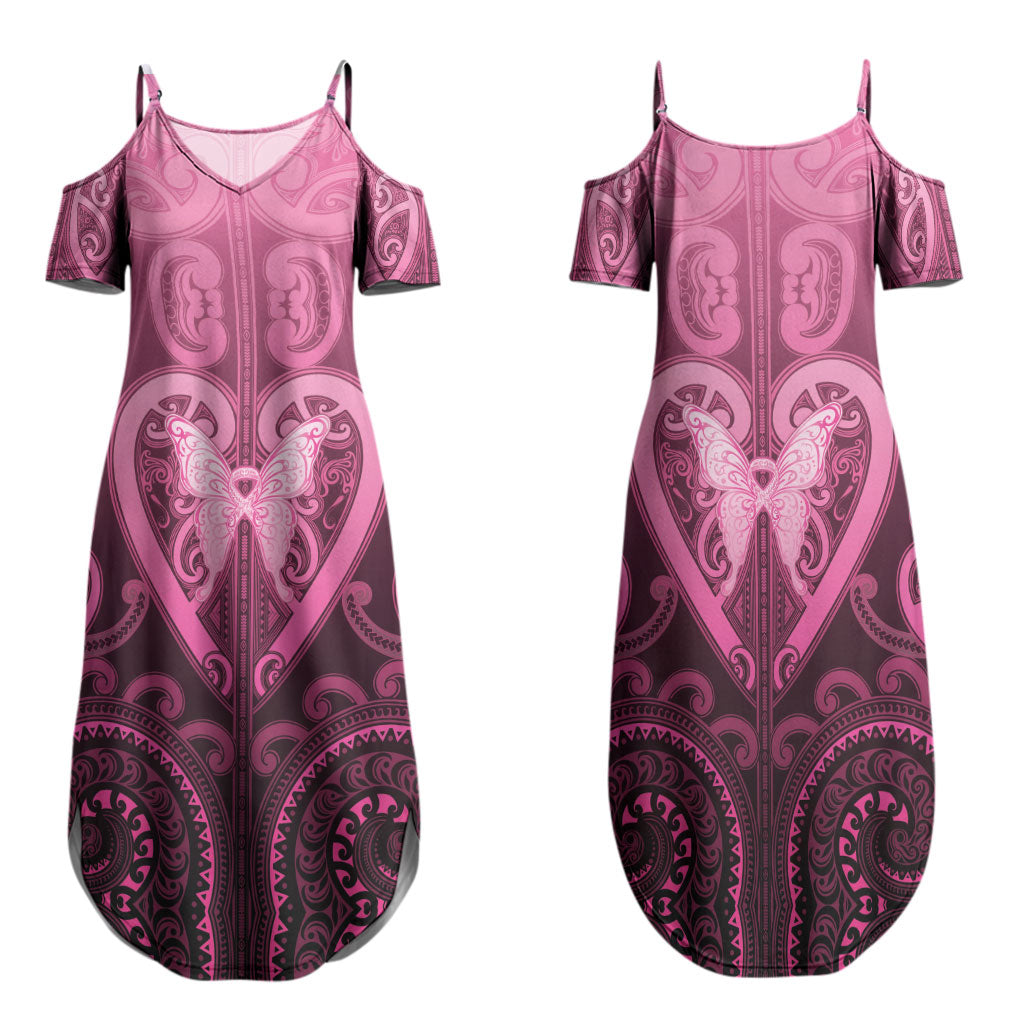 Aotearoa Breast Cancer Family Matching Summer Maxi Dress and Hawaiian Shirt Maori Tribal Pattern LT05 Mom's Dress Pink - Polynesian Pride