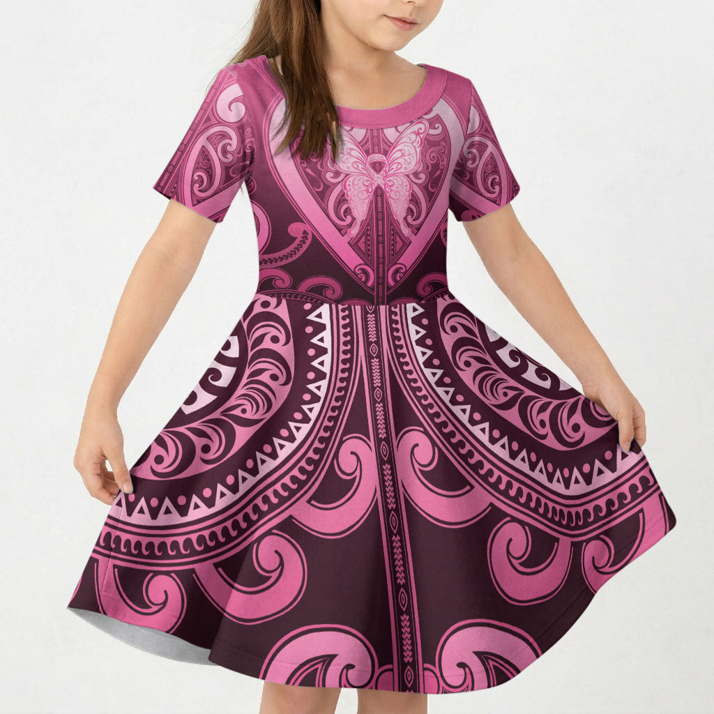 Aotearoa Breast Cancer Kid Short Sleeve Dress Maori Tribal Pattern LT05 KID Pink - Polynesian Pride