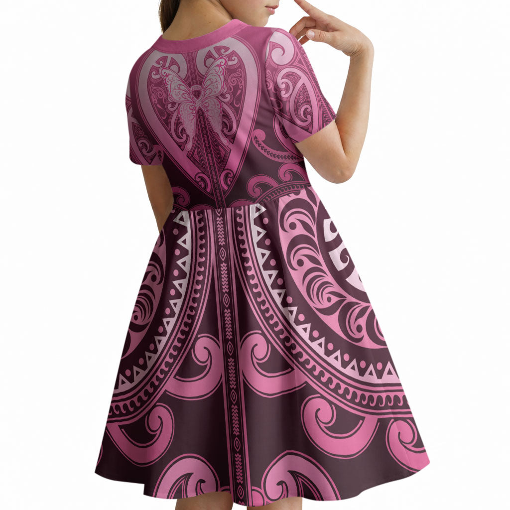 Aotearoa Breast Cancer Kid Short Sleeve Dress Maori Tribal Pattern LT05 - Polynesian Pride