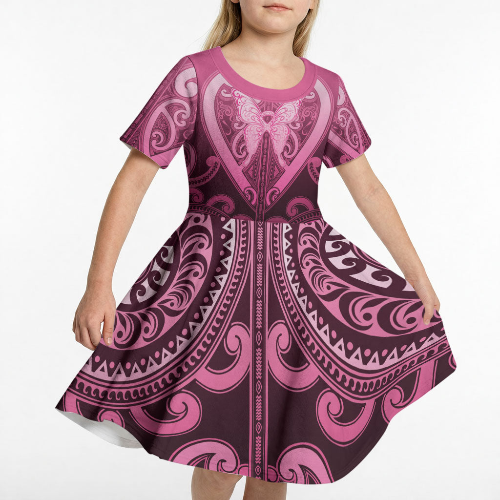 Aotearoa Breast Cancer Kid Short Sleeve Dress Maori Tribal Pattern LT05 - Polynesian Pride