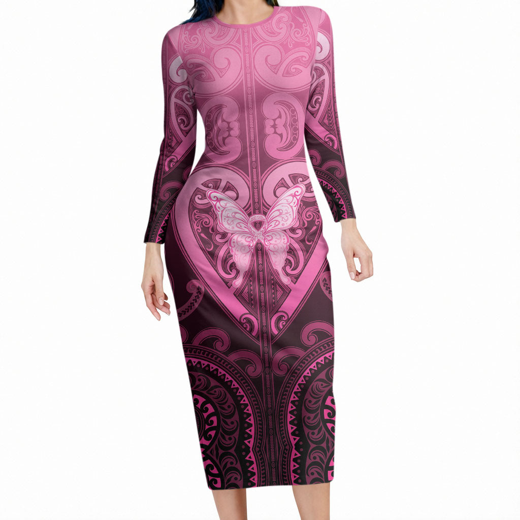 Aotearoa Breast Cancer Long Sleeve Bodycon Dress Maori Tribal Pattern LT05 Long Dress Pink - Polynesian Pride