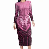 Aotearoa Breast Cancer Long Sleeve Bodycon Dress Maori Tribal Pattern LT05 Long Dress Pink - Polynesian Pride