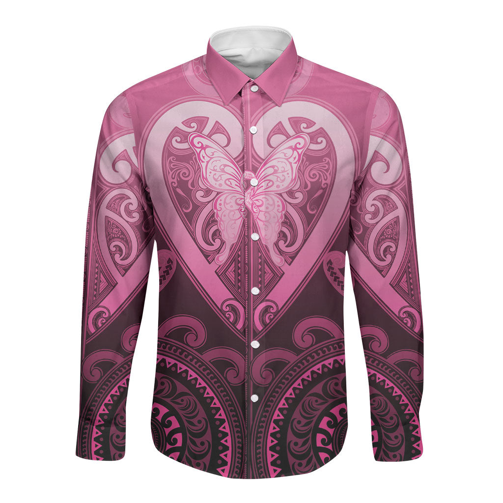 Aotearoa Breast Cancer Long Sleeve Button Shirt Maori Tribal Pattern LT05 Unisex Pink - Polynesian Pride