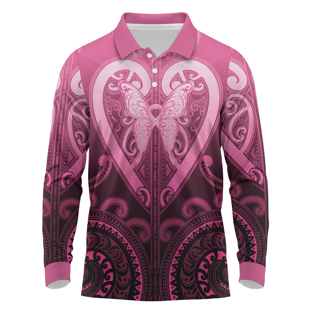 Aotearoa Breast Cancer Long Sleeve Polo Shirt Maori Tribal Pattern LT05 Pink - Polynesian Pride