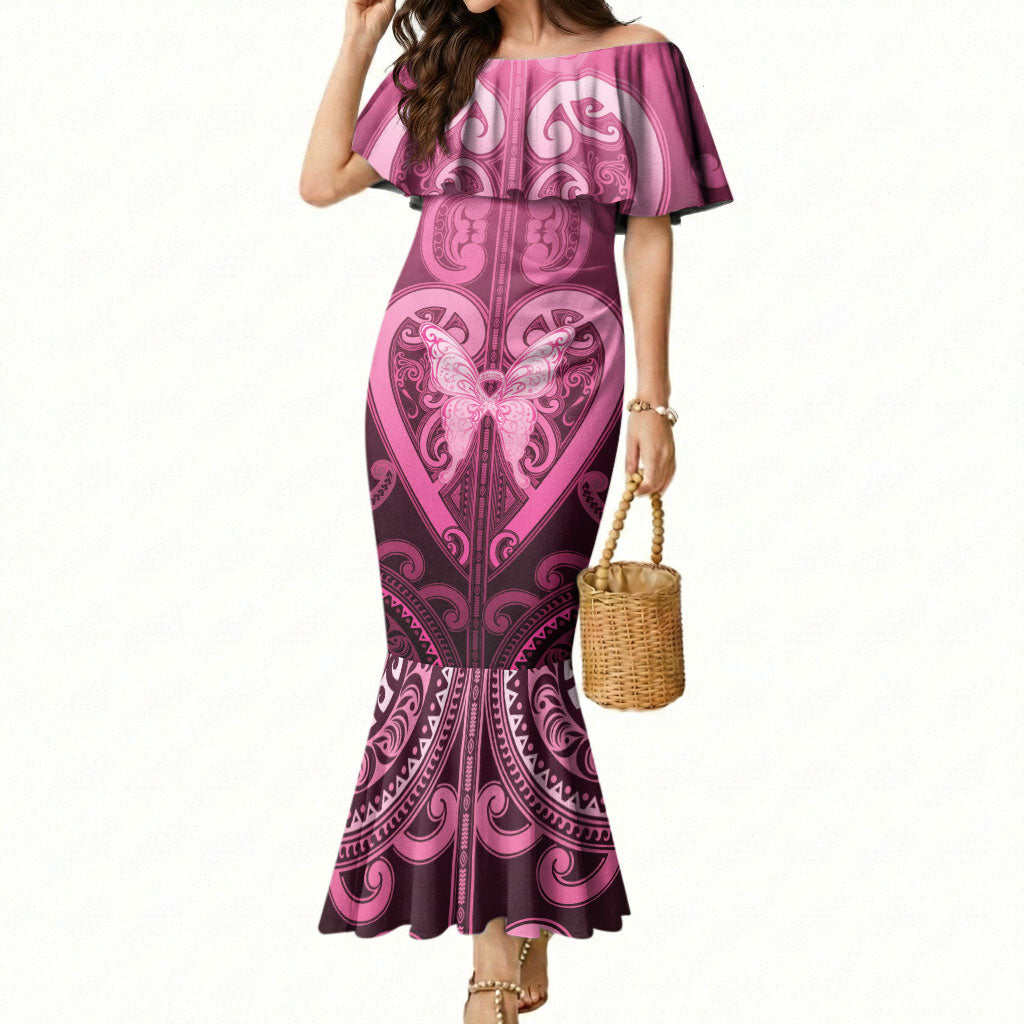 Aotearoa Breast Cancer Mermaid Dress Maori Tribal Pattern LT05 Women Pink - Polynesian Pride