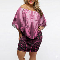 Aotearoa Breast Cancer Off Shoulder Short Dress Maori Tribal Pattern LT05 Women Pink - Polynesian Pride