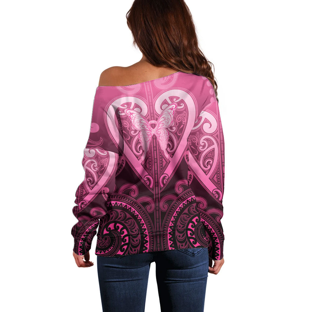 Aotearoa Breast Cancer Off Shoulder Sweater Maori Tribal Pattern LT05 - Polynesian Pride