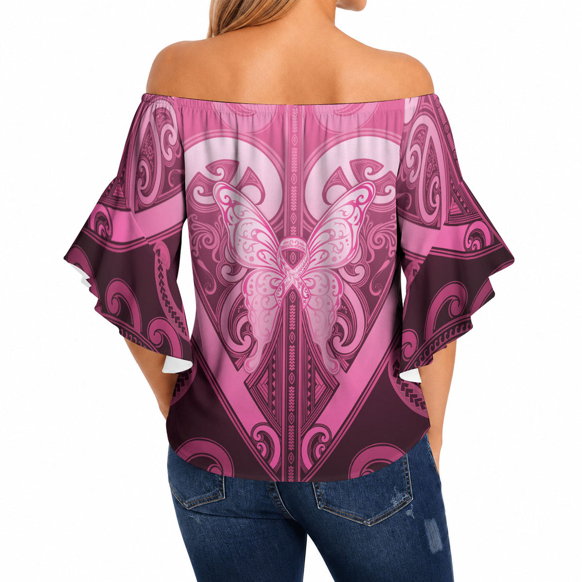 Aotearoa Breast Cancer Off Shoulder Wrap Waist Top Maori Tribal Pattern LT05 - Polynesian Pride