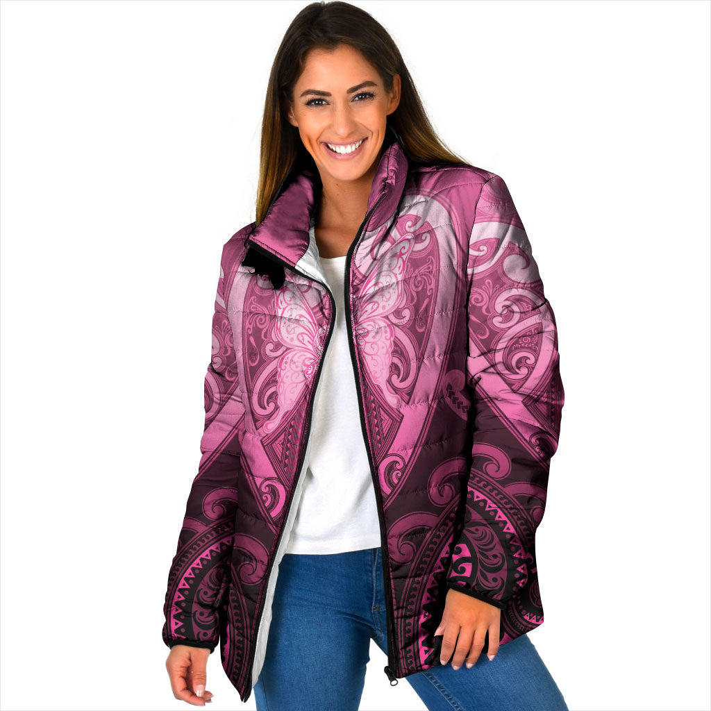 Aotearoa Breast Cancer Padded Jacket Maori Tribal Pattern LT05 Women Pink - Polynesian Pride