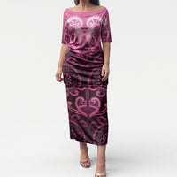 Aotearoa Breast Cancer Puletasi Maori Tribal Pattern LT05 Long Dress Pink - Polynesian Pride