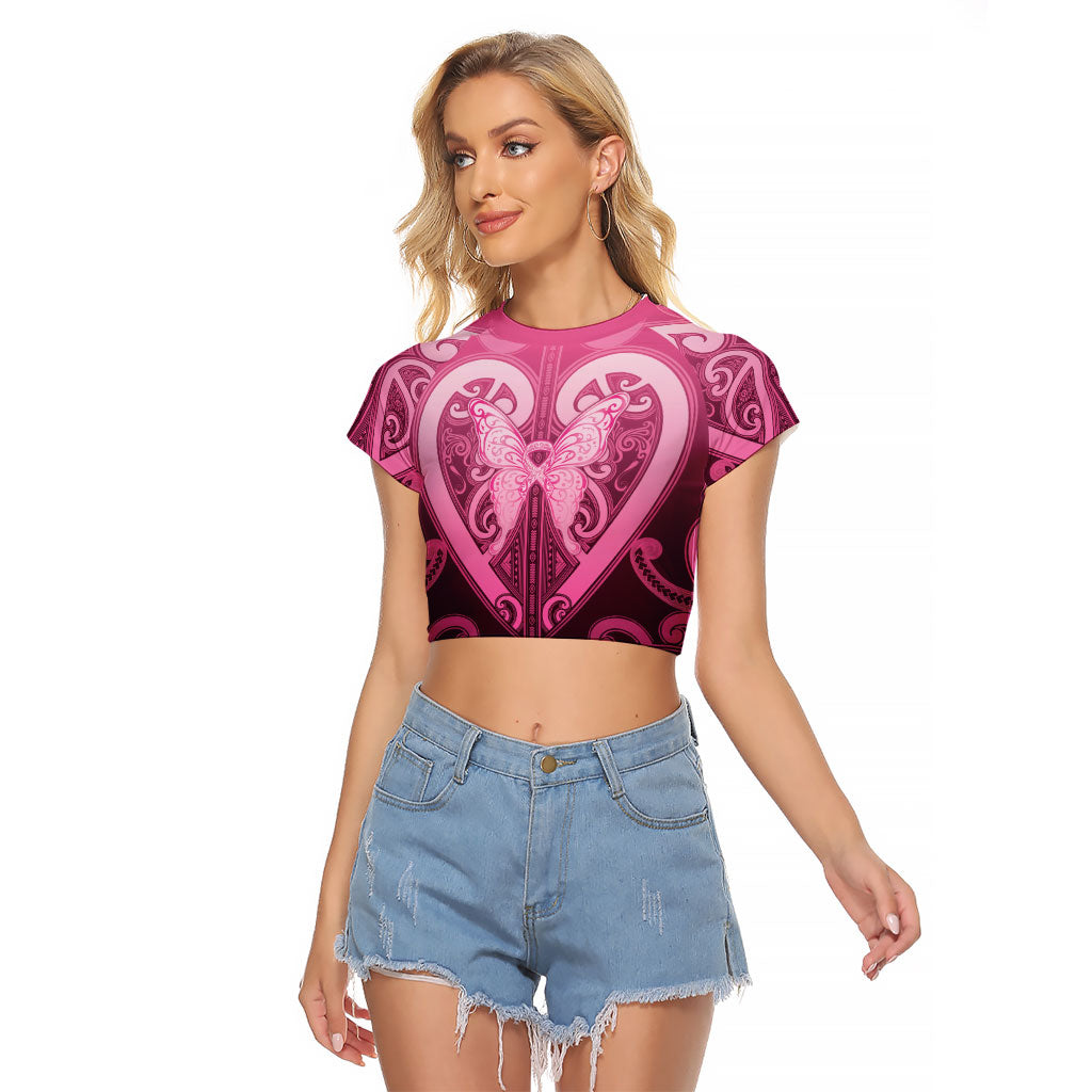 Aotearoa Breast Cancer Raglan Cropped T Shirt Maori Tribal Pattern LT05 Female Pink - Polynesian Pride