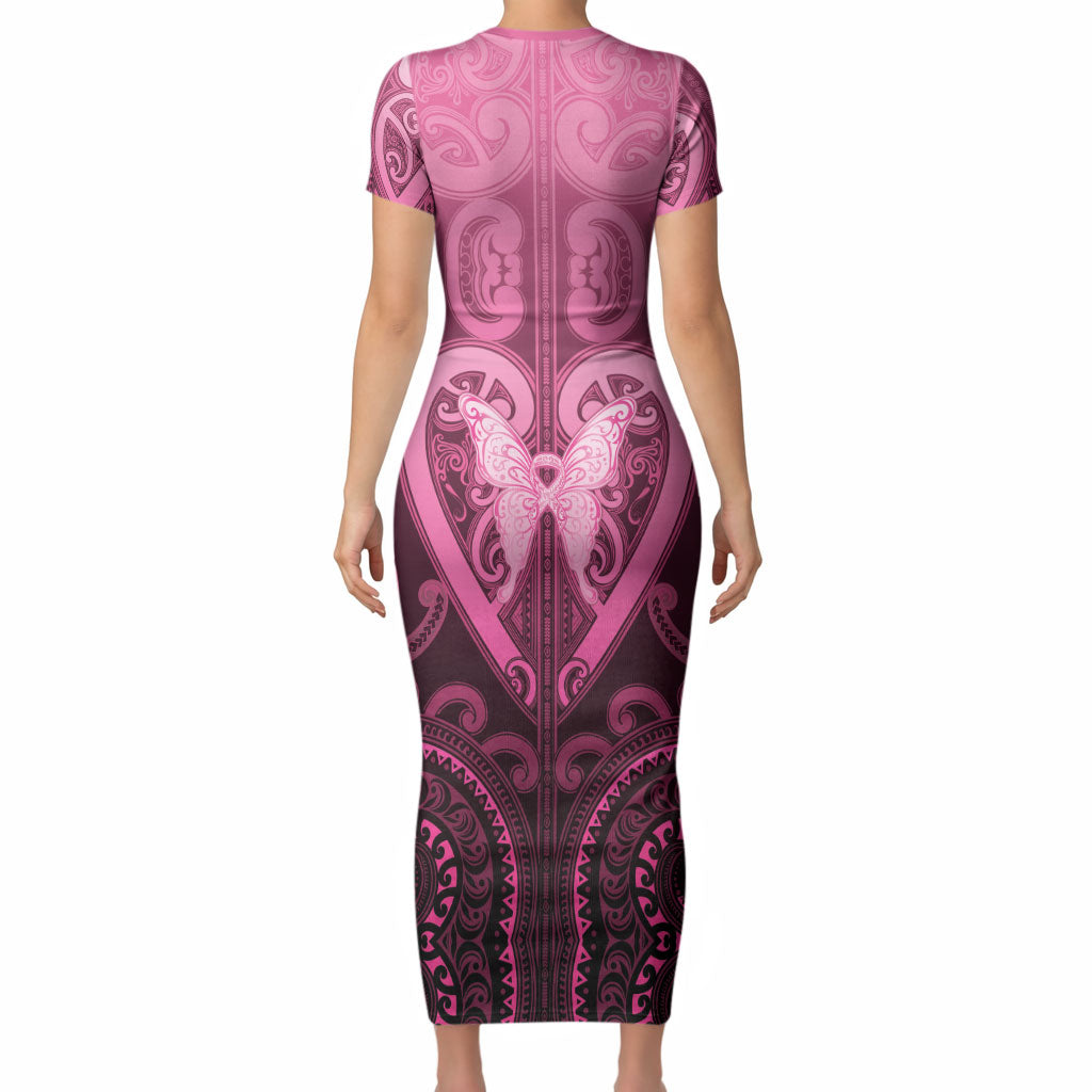 Aotearoa Breast Cancer Short Sleeve Bodycon Dress Maori Tribal Pattern LT05 - Polynesian Pride