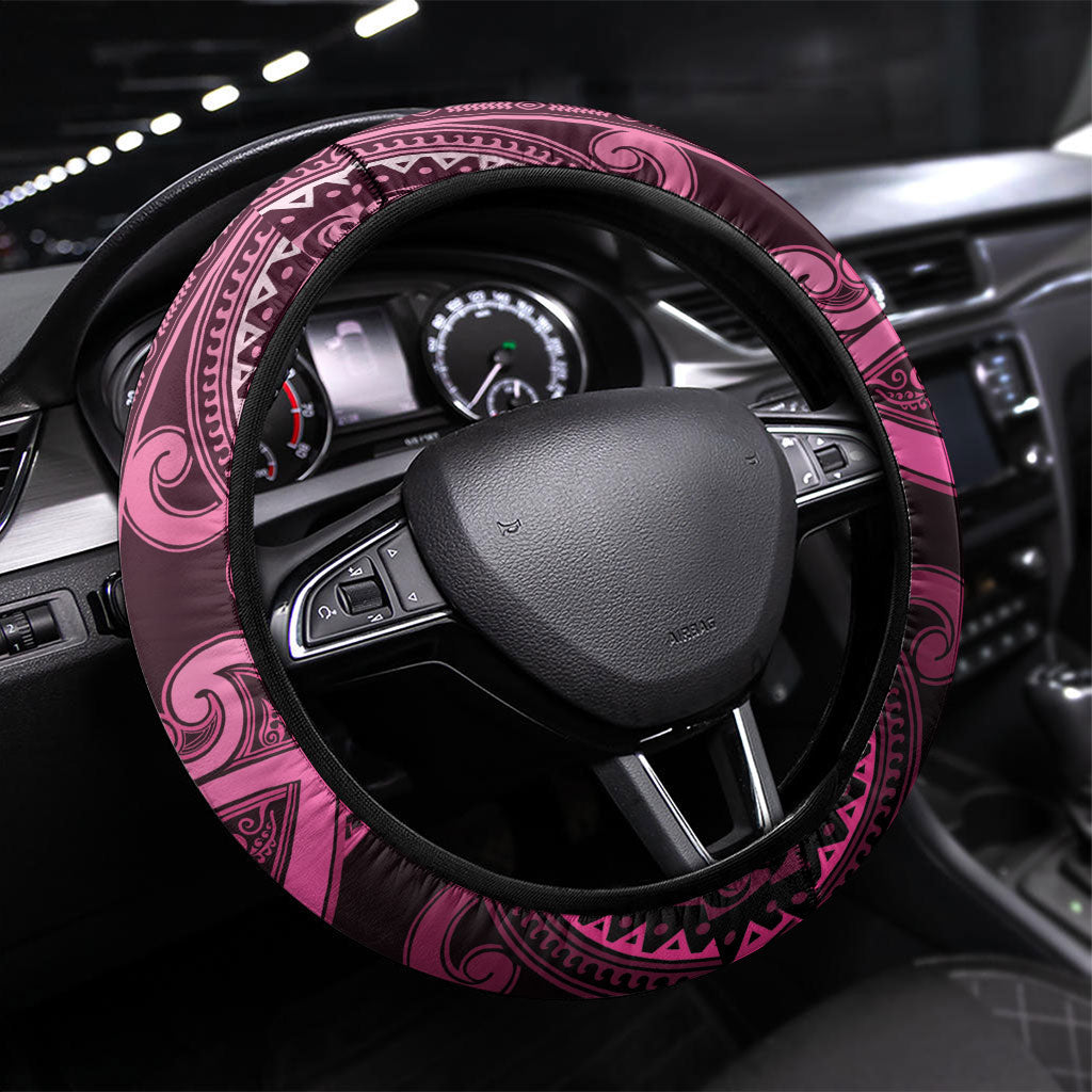 Aotearoa Breast Cancer Steering Wheel Cover Maori Tribal Pattern LT05 Universal Fit Pink - Polynesian Pride