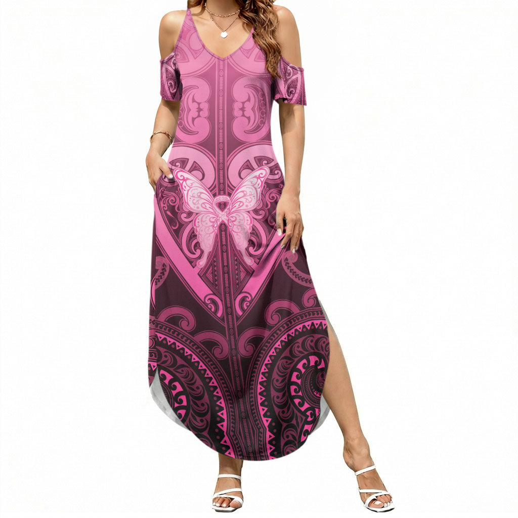 Aotearoa Breast Cancer Summer Maxi Dress Maori Tribal Pattern LT05 Women Pink - Polynesian Pride