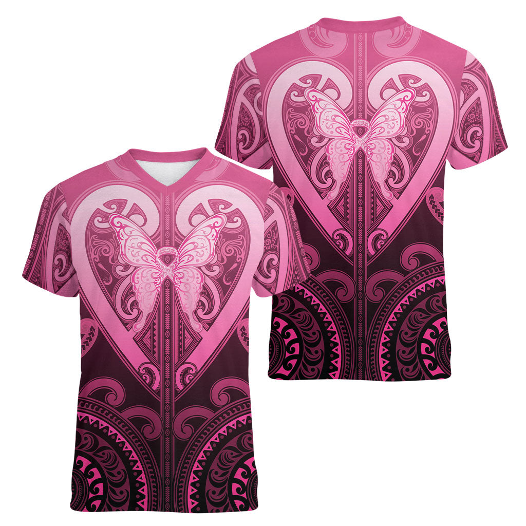 Aotearoa Breast Cancer Women V-Neck T-Shirt Maori Tribal Pattern LT05 - Polynesian Pride