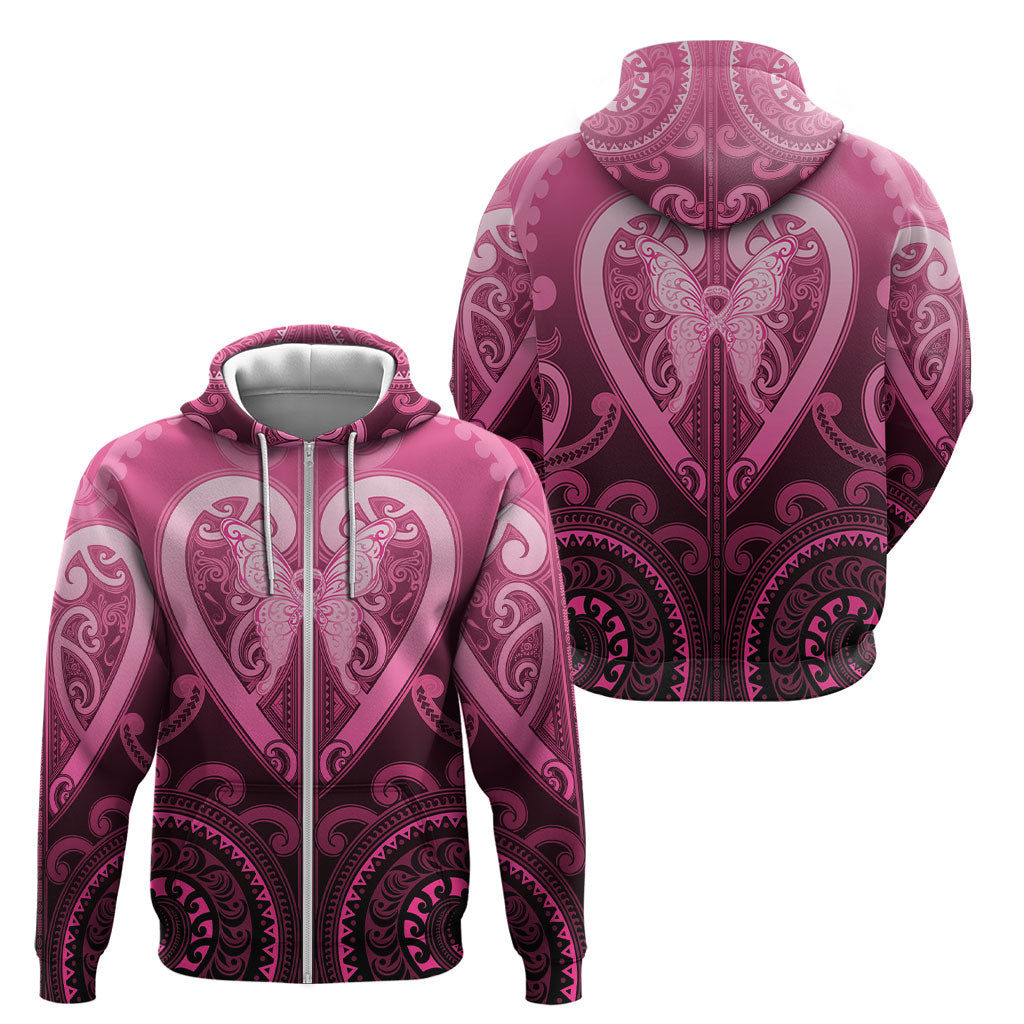 Aotearoa Breast Cancer Zip Hoodie Maori Tribal Pattern LT05 - Polynesian Pride