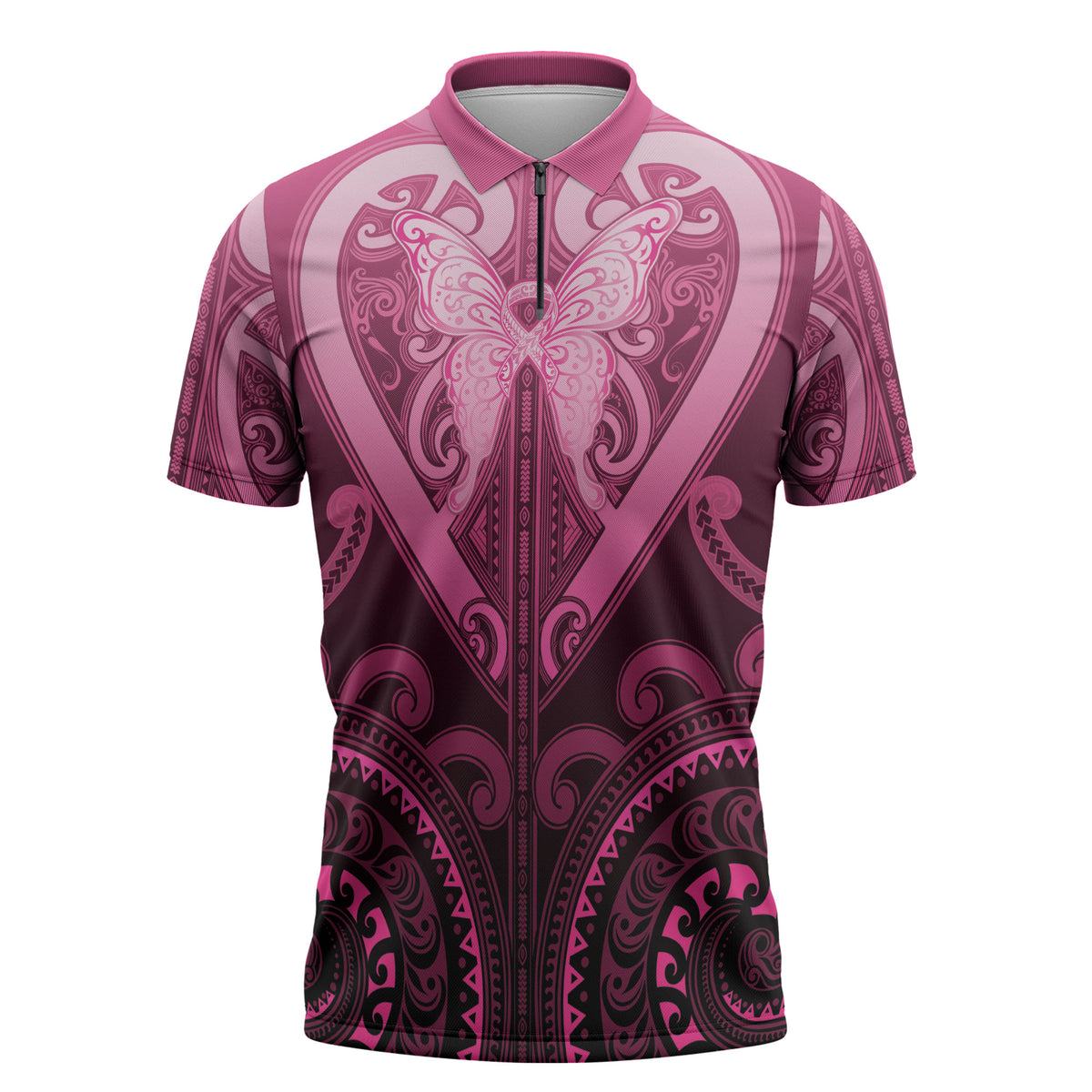 Aotearoa Breast Cancer Zipper Polo Shirt Maori Tribal Pattern LT05 Pink - Polynesian Pride
