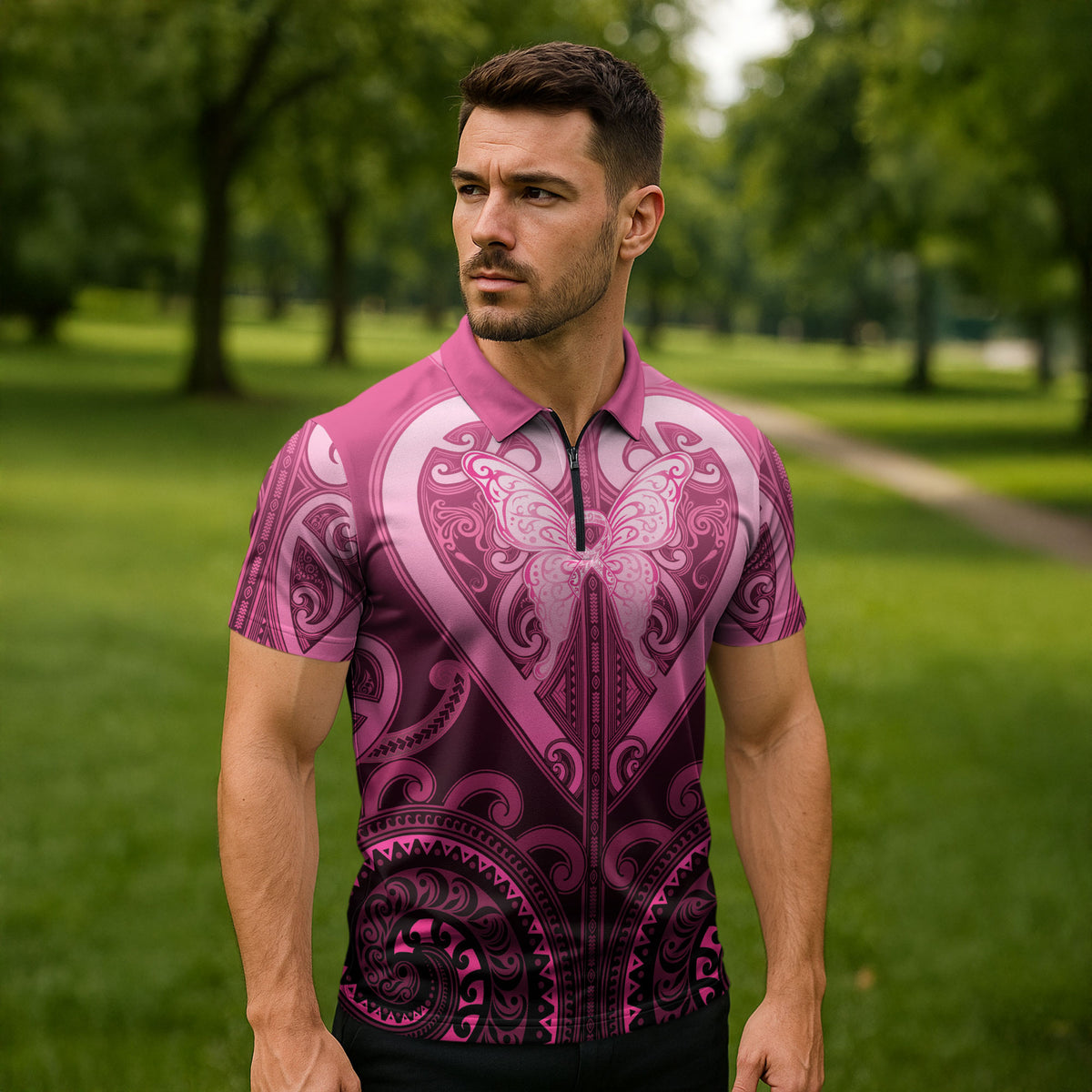 Aotearoa Breast Cancer Zipper Polo Shirt Maori Tribal Pattern LT05 - Polynesian Pride