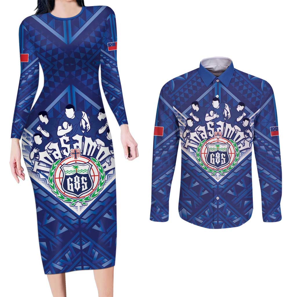 Toa Samoa Rugby Custom Couples Matching Long Sleeve Bodycon Dress and Long Sleeve Button Shirt Samoan Pride With Tribal Pattern - Polynesian Pride