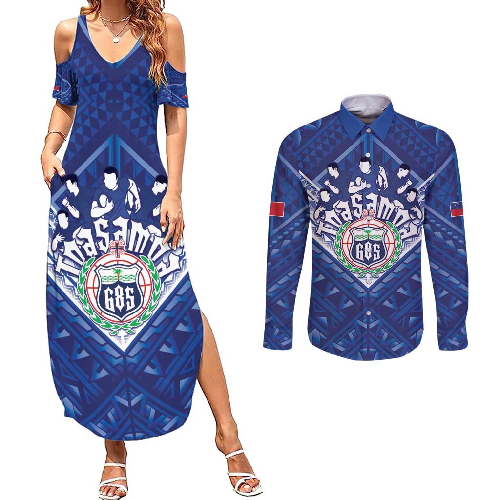 Toa Samoa Rugby Custom Couples Matching Summer Maxi Dress and Long Sleeve Button Shirt Samoan Pride With Tribal Pattern - Polynesian Pride