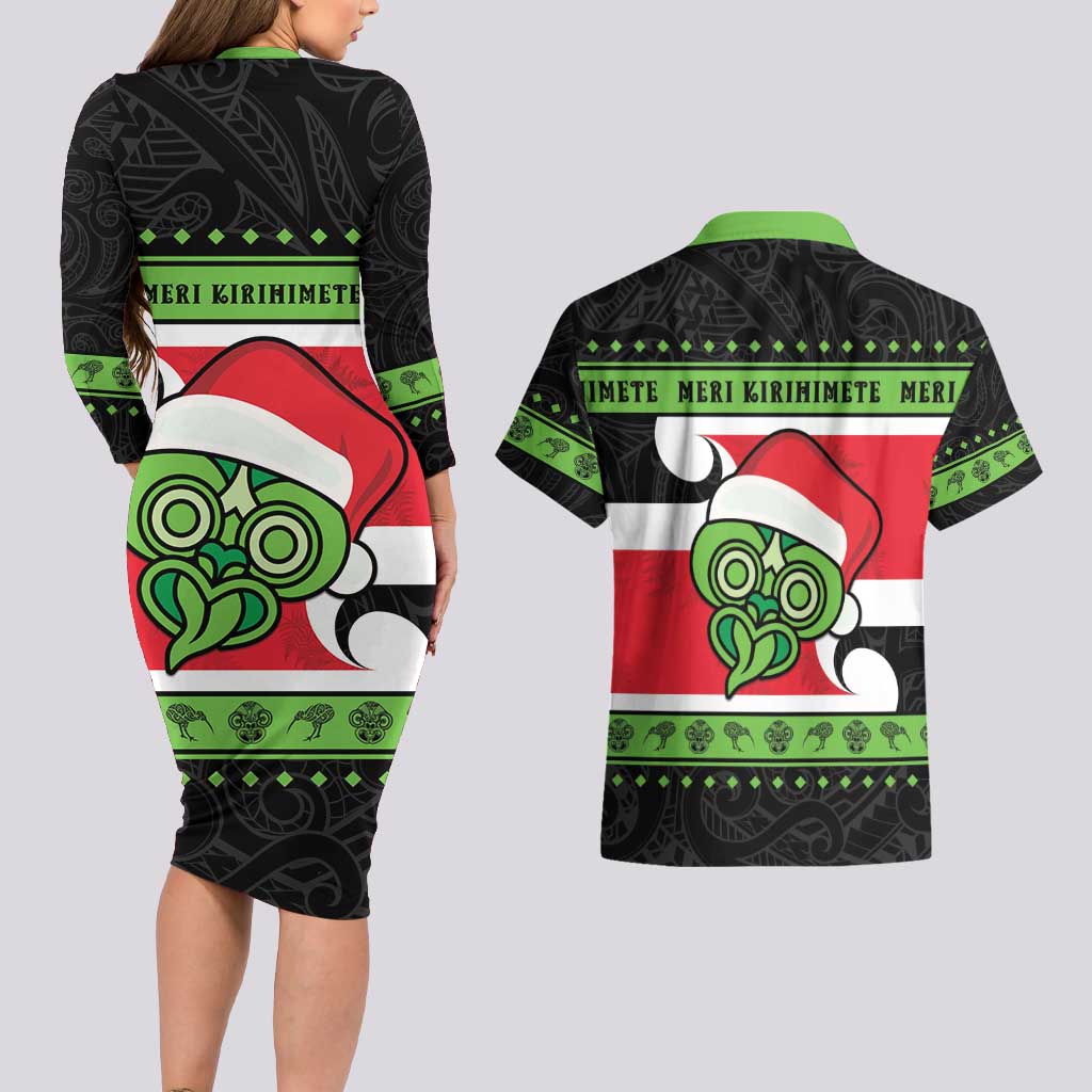 New Zealand Funny Christmas Couples Matching Long Sleeve Bodycon Dress and Hawaiian Shirt Maori Tiki LT05 - Polynesian Pride