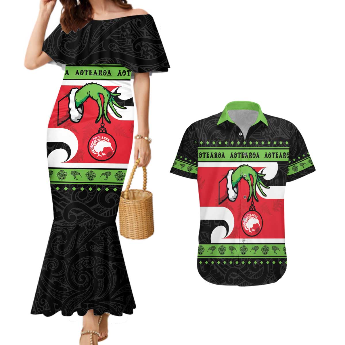 New Zealand Funny Christmas Couples Matching Mermaid Dress and Hawaiian Shirt Maori Tiki LT05 Black - Polynesian Pride