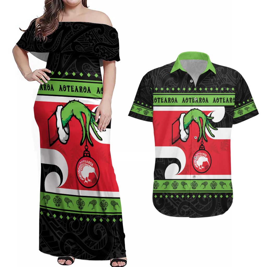 New Zealand Funny Christmas Couples Matching Off Shoulder Maxi Dress and Hawaiian Shirt Maori Tiki LT05 Black - Polynesian Pride