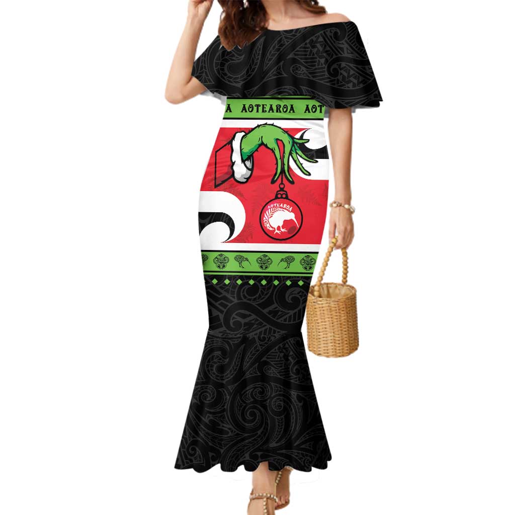 New Zealand Funny Christmas Family Matching Mermaid Dress and Hawaiian Shirt Maori Tiki LT05 Mom's Dress Black - Polynesian Pride