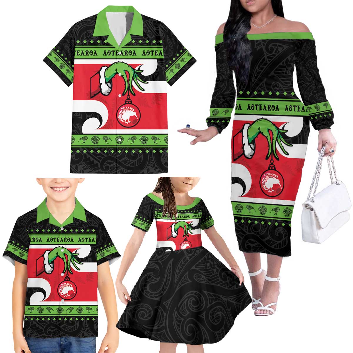 New Zealand Funny Christmas Family Matching Off The Shoulder Long Sleeve Dress and Hawaiian Shirt Maori Tiki LT05 - Polynesian Pride