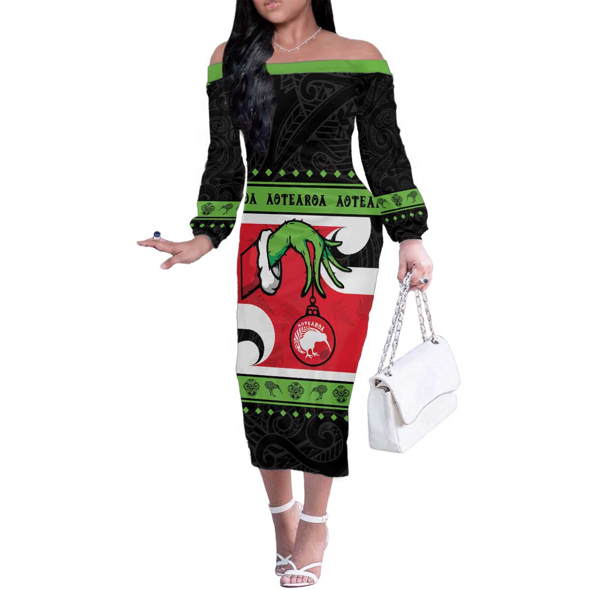 New Zealand Funny Christmas Family Matching Off The Shoulder Long Sleeve Dress and Hawaiian Shirt Maori Tiki LT05 Mom's Dress Black - Polynesian Pride